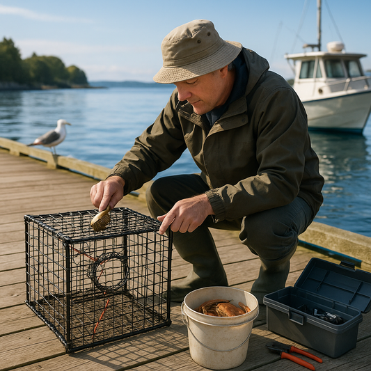 Man in outdoor gear kneels on a dock cleaning a crab trap, with a bucket of crabs, tools, and a boat nearby under a clear sky by the water.