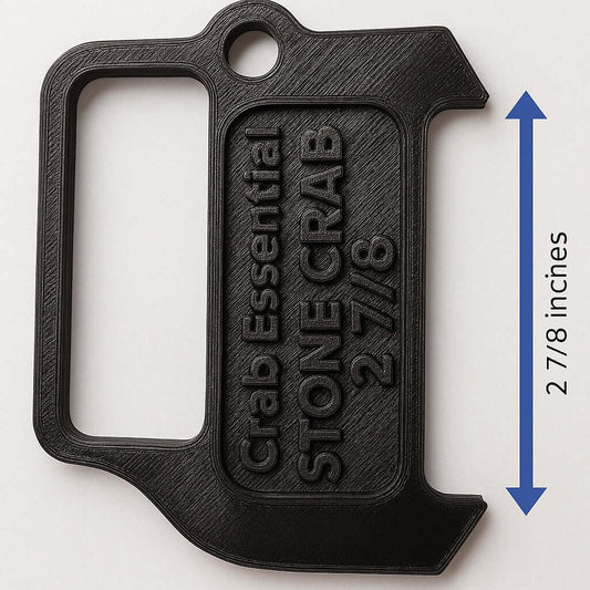 Close-up of the stone crab claw gauge showing precise measurements and clear markings for legal claw size.